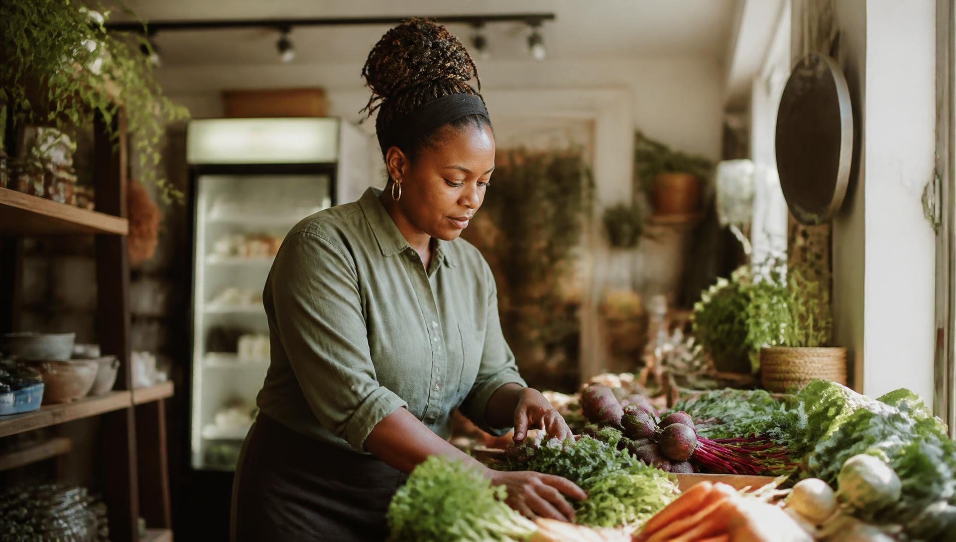 Cape Town shop owner arranging fresh produce in her store